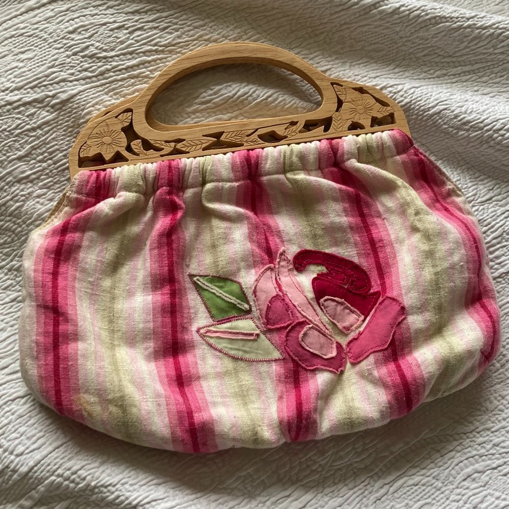 Cute Embroidered Pink Flower Clutch with Wooden Carved Handles